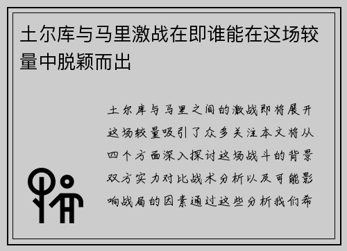 土尔库与马里激战在即谁能在这场较量中脱颖而出