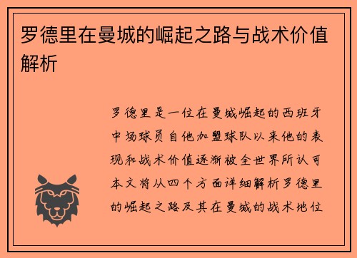 罗德里在曼城的崛起之路与战术价值解析