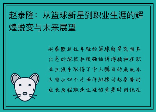 赵泰隆：从篮球新星到职业生涯的辉煌蜕变与未来展望