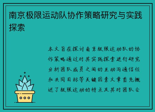 南京极限运动队协作策略研究与实践探索
