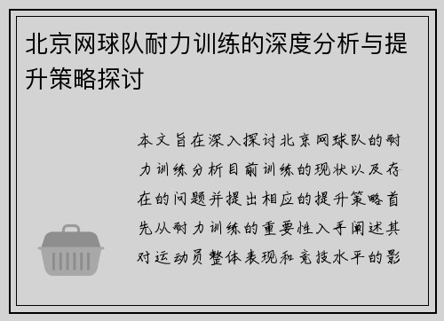 北京网球队耐力训练的深度分析与提升策略探讨