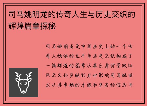 司马姚明龙的传奇人生与历史交织的辉煌篇章探秘