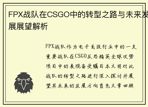 FPX战队在CSGO中的转型之路与未来发展展望解析