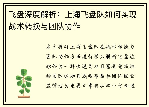 飞盘深度解析：上海飞盘队如何实现战术转换与团队协作