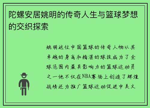 陀螺安居姚明的传奇人生与篮球梦想的交织探索