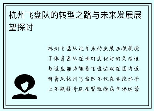 杭州飞盘队的转型之路与未来发展展望探讨