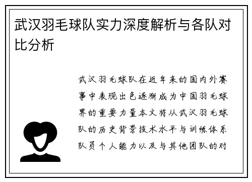 武汉羽毛球队实力深度解析与各队对比分析