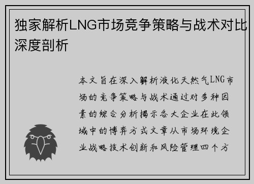 独家解析LNG市场竞争策略与战术对比深度剖析