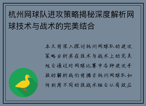 杭州网球队进攻策略揭秘深度解析网球技术与战术的完美结合